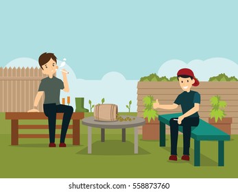 smoking people at garden flat illustration