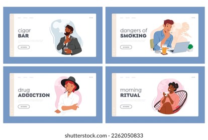 Smoking People Landing Page Template Set. Male Female Characters Inhaling Smoke with Relaxed Expressions, Enjoying Smoking while Drink Coffee, Work on Pc. Cartoon Vector Illustration