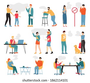 Smoking people. Male and female smoking characters, unhealthy lifestyle, bad habits. People smoke cigarettes vector illustration. Man and woman smoking in public zone, passive smokers