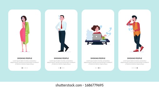 Smoking people set. Businessman, office worker at workplace, young woman with cigarettes flat vector illustration. Unhealthy habit, addiction concept for banner, website design or landing web page