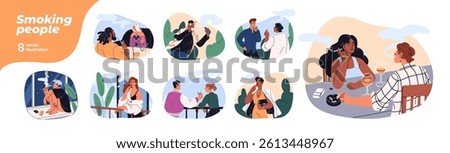 Smoking people set. Smokers with electronic and tobacco cigarettes, vape pens, pods, hookah, ecigarettes. Men and women with nicotine addiction. Flat isolated vector illustrations on white background