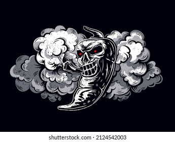 Smoking pepper illustration on black shabby background in cloud of smoke. Grunge skull poster.