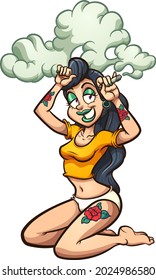 Smoking pin-up model with rose tattoos. Vector clip art illustration with simple gradients. All on a single layer. 
