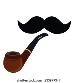 Smoking pipe, black mustache, vector, isolated on white, gentlemen