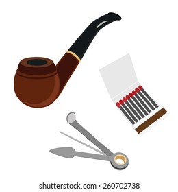 Smoking pipe, cleaning tool and matchsticks vector set 