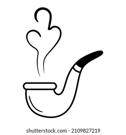 Smoking pipe doodle illustration. Black outline icon isolated on white background. Simple hand drawn silhouette of retro tobacco accessory