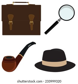 Smoking pipe, fedora hat, magnifier, briefcase, vector, isolated on white