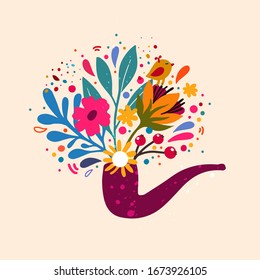 Smoking pipe flat hand drawn vector illustration. Pipe shop, store poster design idea. Cartoon smoking pipe with flowers and leaves. Smoking performance, banner template