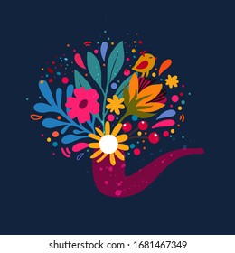 Dibujo vectorial plano de tubo humeante dibujado a mano. Tienda de tuberías, idea de diseño de afiches de tienda. Tubo humeante con flores y hojas. Rendimiento de ahumado, plantilla de banner