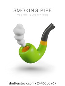 Smoking pipe floats in air. Vintage smoking accessory. Green vector object