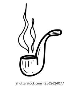 Smoking pipe hand drawn doodle. Mouthpiece and bowl for tobacco. Gentleman's accessory. Smoke. Vector line art illustration.