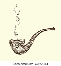 Smoking pipe, hand drawn doodle, sketch in woodcut style, black and white vector illustration