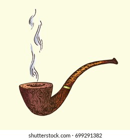 Smoking pipe, hand drawn doodle, sketch in woodcut style, color vector illustration