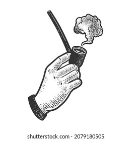 smoking pipe in hand sketch engraving vector illustration. T-shirt apparel print design. Scratch board imitation. Black and white hand drawn image.