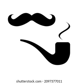 smoking pipe icon with smoke and mustache in black color for web and mobile devices isolated. Vector illustration. Gentlemen, Murzhsky club.