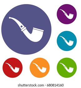 Smoking pipe icons set in flat circle red, blue and green color for web