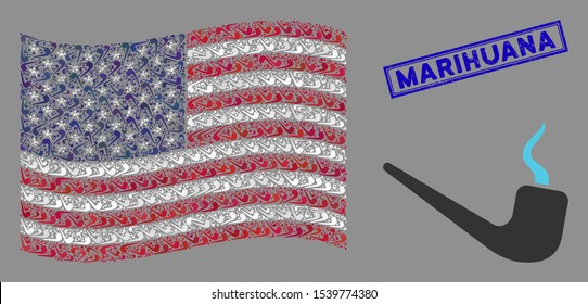 Smoking pipe items are organized into American flag stylization with blue rectangle rubber stamp watermark of Marihuana caption.