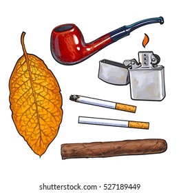 Smoking Pipe, Lighter, Cigar, Cigarettes And Tobacco Leaf, Sketch Vector Illustration Isolated On White Background. Hand Drawn Smoking Attributes - Tobacco Leaf, Pipe, Cigar, Lighter And Cigarette