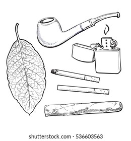 Smoking pipe, lighter, cigar, cigarettes and tobacco leaf, sketch vector illustration isolated on white background. Hand drawn smoking attributes - tobacco leaf, pipe, cigar, lighter and cigarette