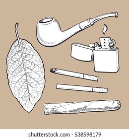 Smoking pipe, lighter, cigar, cigarettes and tobacco leaf, sketch vector illustration isolated on white background. Hand drawn smoking attributes.