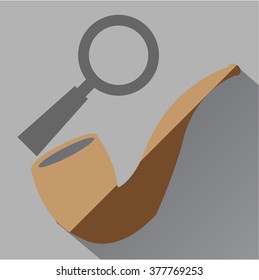 Smoking pipe and magnifying glass icon. Modern colored icons in a flat design with long shadow.