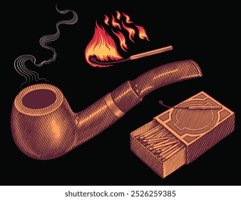 Smoking pipe and matches. Design set. Editable hand drawn illustration. Vector vintage engraving. Isolated on black background. 8 EPS