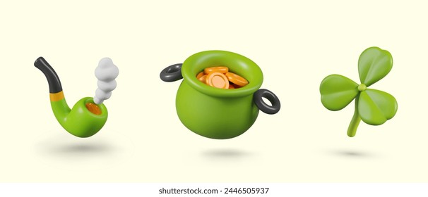 Smoking pipe, pot of gold coins, green shamrock. Set of 3D icons for St. Patrick Day