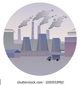 Smoking pipes. Flat vectorial image of an industrial landscape with smoking pipes in a circle. Environmental pollution. Ecological catastrophy. Icon for design