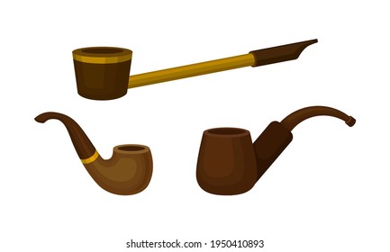 Smoking Pipes Made of Wood and Metal Vector Set