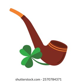 Smoking pipes will decorate the faces of people celebrating St. Patrick's Day. Vector illustration of a wooden pipe with clover, icon, eps 10