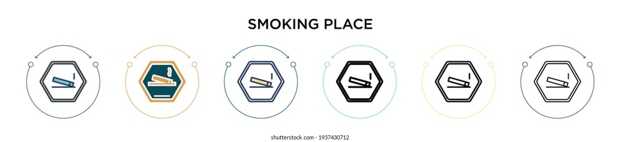 Icono de lugar fumador en el estilo relleno, delgado, contorno y trazo. Ilustración vectorial de dos íconos vectoriales de lugares de fumadores de color y negro se pueden utilizar para móviles, ui, web