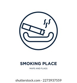 icono de lugar de fumar de la colección de mapas y banderas. Lugar de fumar lineal delgado, advertencia, icono de contorno de tabaco aislado en fondo blanco. Señal de lugar de fumar vector de línea, símbolo para web y móvil