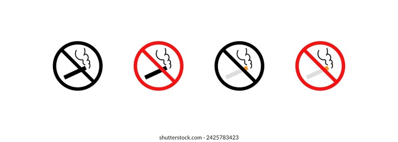 Smoking prohibited icons. Different styles, cigarette and red circle, smoking prohibited icons. Vector icons