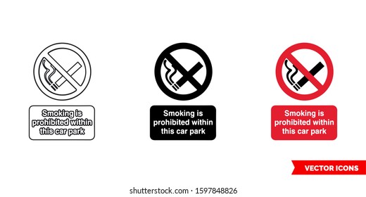 Smoking is prohibited within this car park prohibitory sign icon of 3 types: color, black and white, outline. Isolated vector sign symbol.
