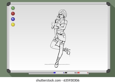 Smoking prostitute whore wait clients. Hand drawn vector illustration. Black and white whiteboard drawing