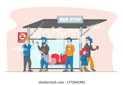 Smoking in Public Place, Bad Habit Concept. Male Characters Smoke Cigarettes near Prohibited Sign on Bus Stop with People around. Angry Woman with Child Admonish Smokers. Linear Vector Illustration