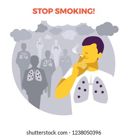 Smoking in public place. Secondhand smoke. Illness risk. Stop smoking. World no tobacco day. Air pollution. Infographic. Vector illustration. Healthcare poster, placard or banner template.
