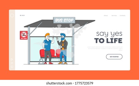 Smoking in Public Place, Unhealthy Habit, Nicotine Tobacco Addiction Landing Page Template. Male Characters Smoke Cigarette on Bus Stop. Pleasure of Smoker Lifestyle. Linear People Vector Illustration