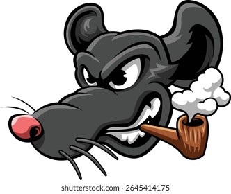 Smoking Rat Head, Black Fur, Vector File Illustration.