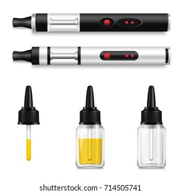 Smoking realistic set of vaping liquid and electronic cigarettes with full and empty vape bottles with dropper vector illustration