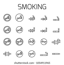 Smoking related vector icon set. Well-crafted sign in thin line style with editable stroke. Vector symbols isolated on a white background. Simple pictograms.