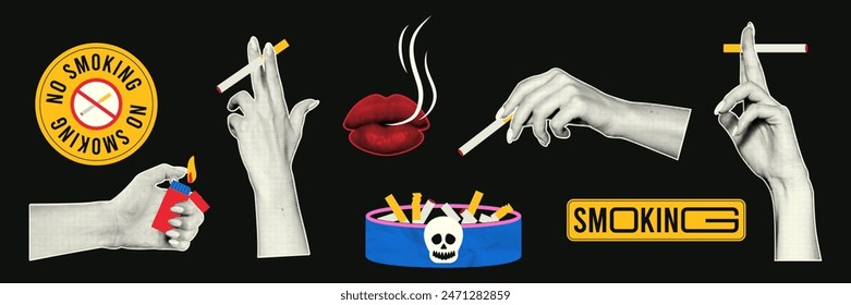 Smoking retro collage concept. A hand holds a cigarette with a halftone effect, an ashtray, a no smoking sign. Set of vector elements about smoking problems.