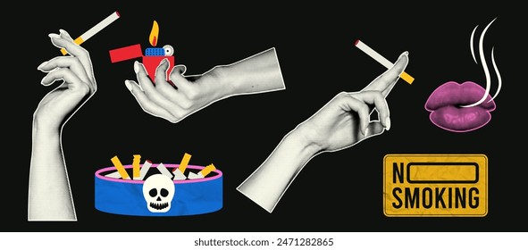 Smoking retro collage concept. A hand holds a cigarette with a halftone effect, an ashtray, a no smoking sign. Set of vector elements about smoking problems.