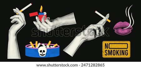 Smoking retro collage concept. A hand holds a cigarette with a halftone effect, an ashtray, a no smoking sign. Set of vector elements about smoking problems.
