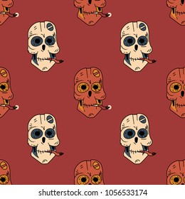 Smoking robot skull seamless pattern. Original design for print or digital media.