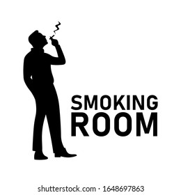 Smoking Room Or Area Sign. Male Smoker Standing With Smoke Shadow. Man Smoking A Cigarette Black And White Silhouette. Business Man Smoking A Cigar. Smoking Addiction Medical Poster - Simple Concept.