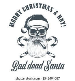 Smoking Santa Claus skull with christmas hat and crossed candy canes. Monochrome realistic vector illustration