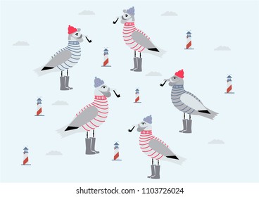 Smoking seagulls with hat and lighthouse