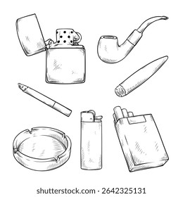 coleção conjunto de fumagem com ilustração desenhada à mão de arte de linha de vetor