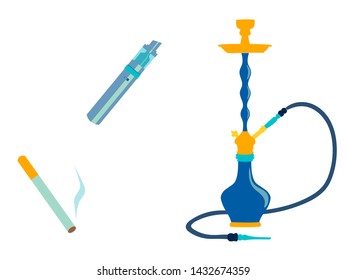 Smoking set. Electronic cigarette, vape and hookah. In minimalist style. Cartoon flat vector Illustration